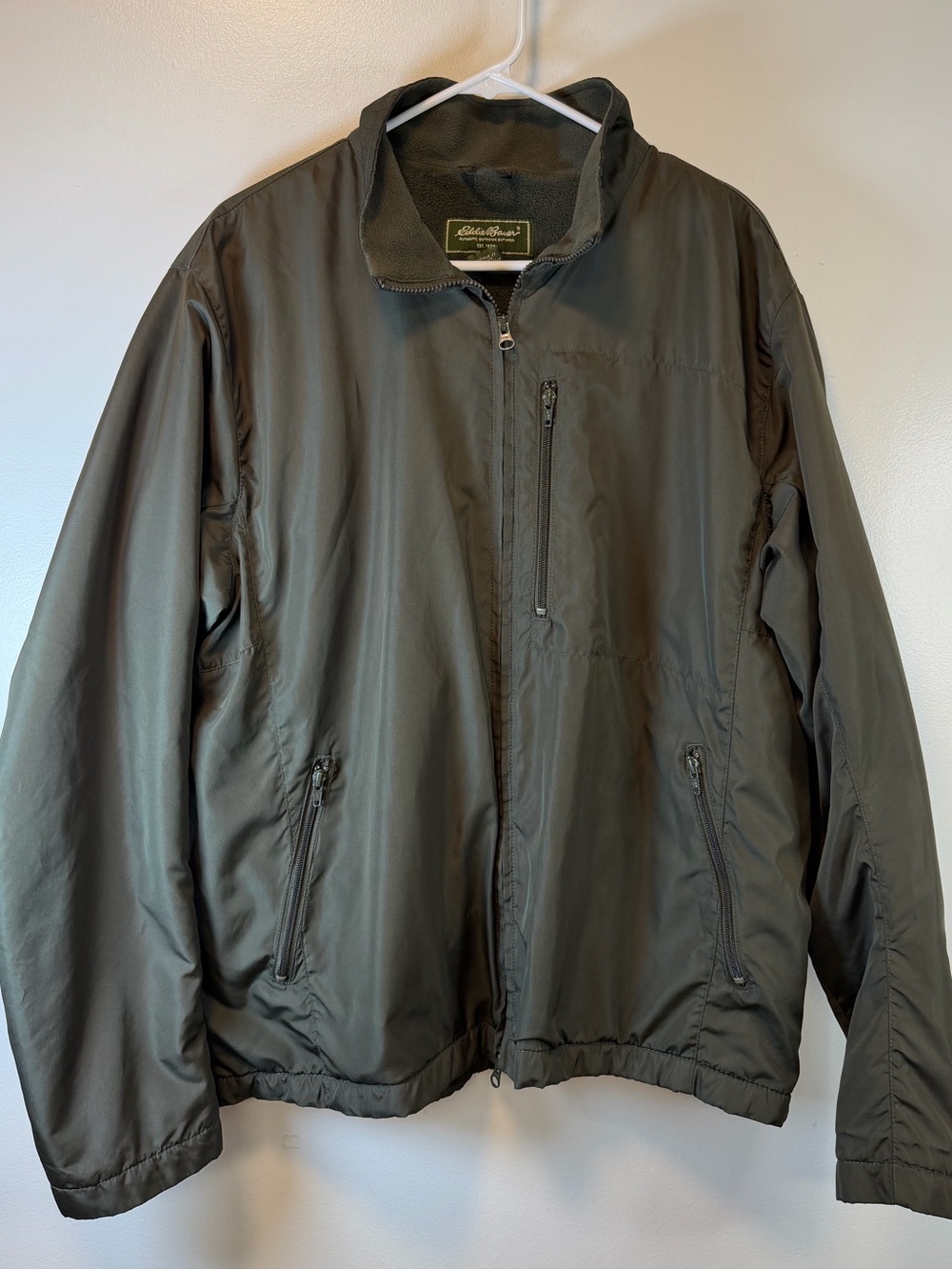 Eddie Bauer Olive Zip-Front Fleece Lined Windbreaker Jacket Men’s Large Tall